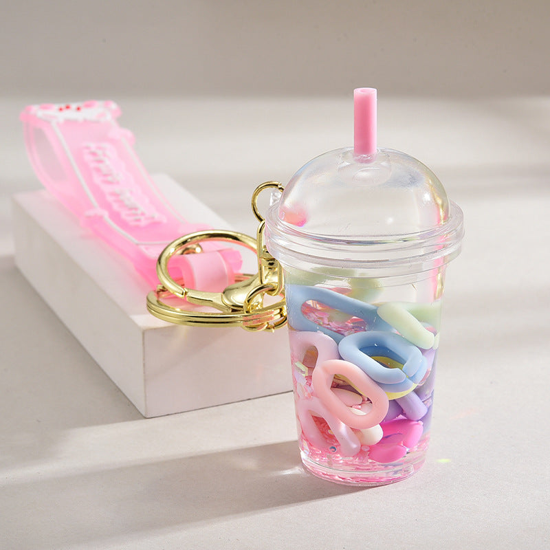 Wholesale Acrylic flowing sand bottle milk tea cup keychain