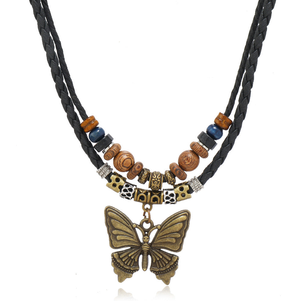 Wholesale retro butterfly alloy multi-layer wooden beads knotted hand-woven necklace jewelry