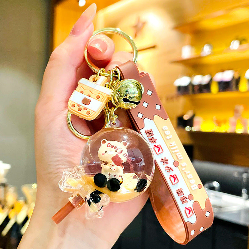 Wholesale bubble tea keychain floating small bear liquid quicksand pendant