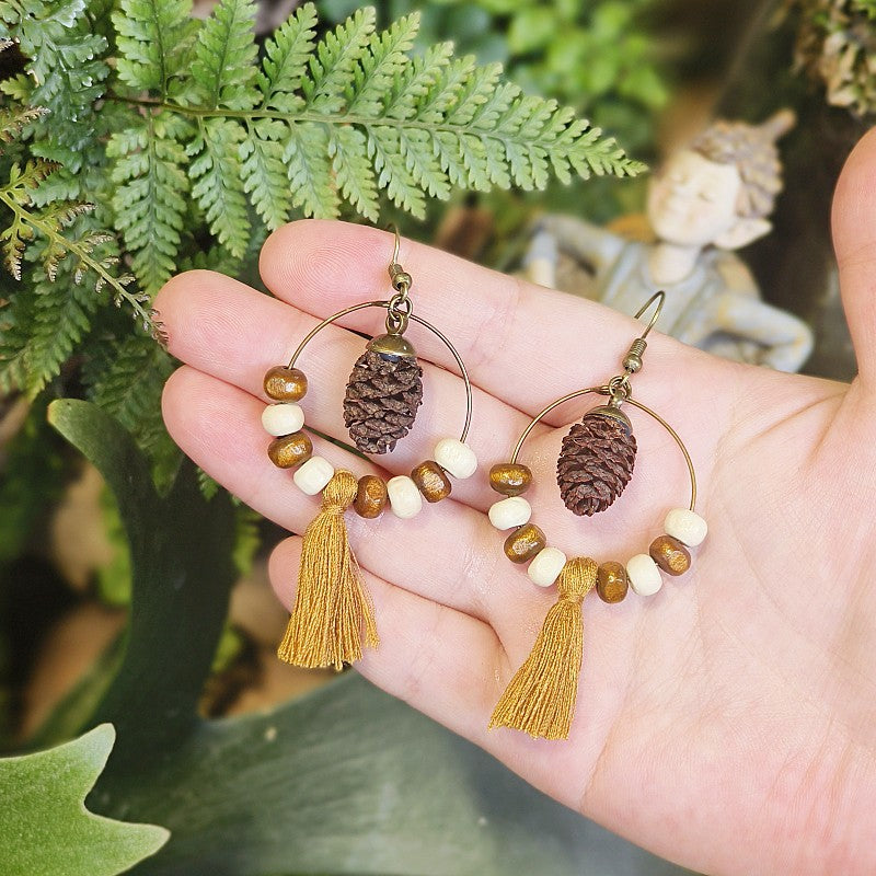 Wholesale Retro Real Fruit Exaggerated Large Hoop Hanging Wooden Beads Earrings