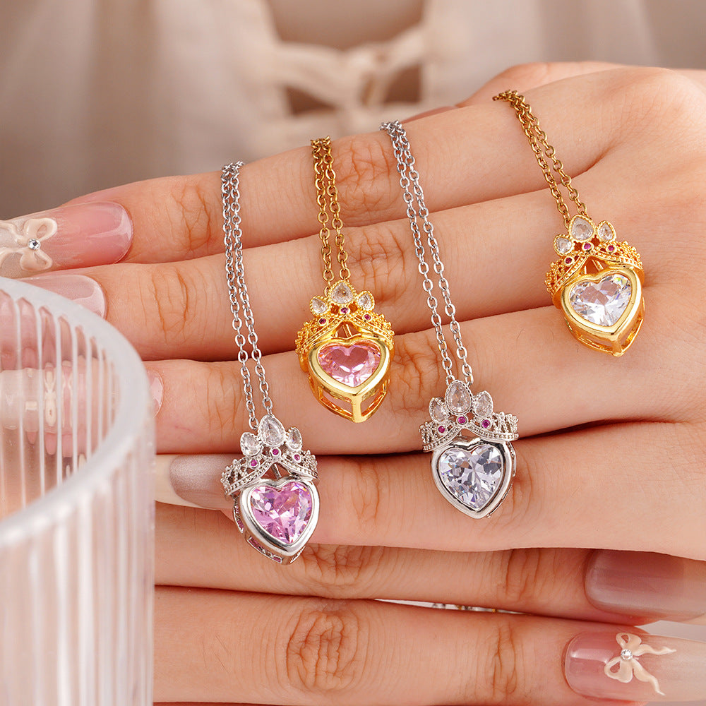 Wholesale Stainless Steel Clavicle Chain Pink Crown Love Necklace Light Luxury Accessories