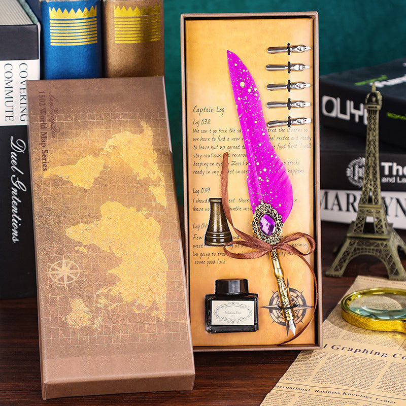Wholesale Dip Pen Retro Spilled Gold Feather Pen Set Gift Box Gift