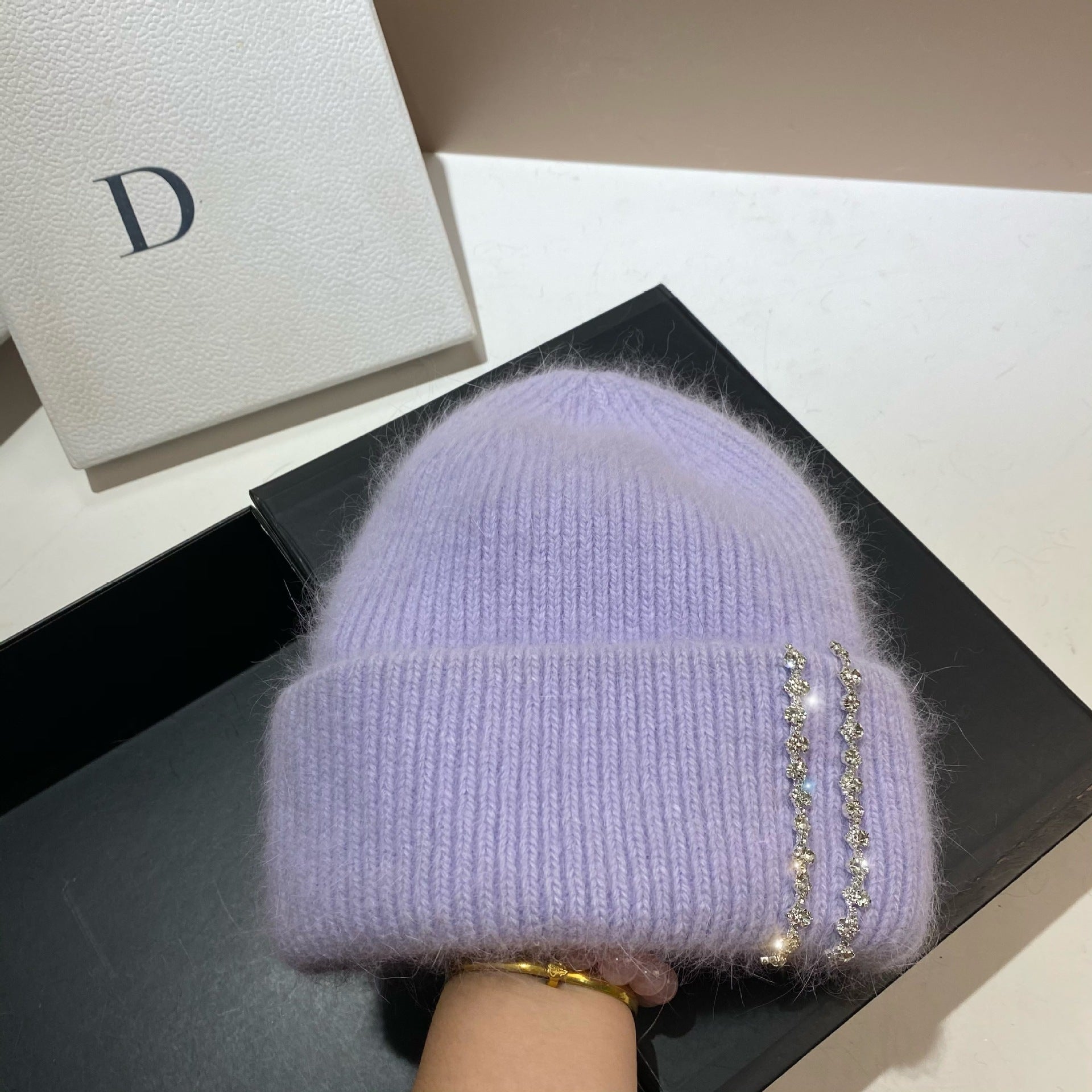 Wholesale Long Rabbit Fur Bi-fold Knitted Rhinestone Beanie