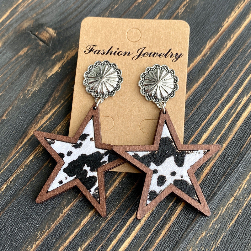 Wholesale Western Style Leopard Print Cow Print Five-pointed Star Earrings
