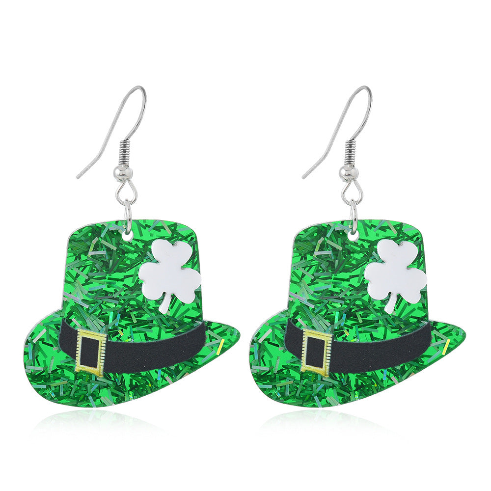 Wholesale St. Patrick's Day Green Hat Lucky Grass Clover Exaggerated Carnival Acrylic Double-Sided Earrings