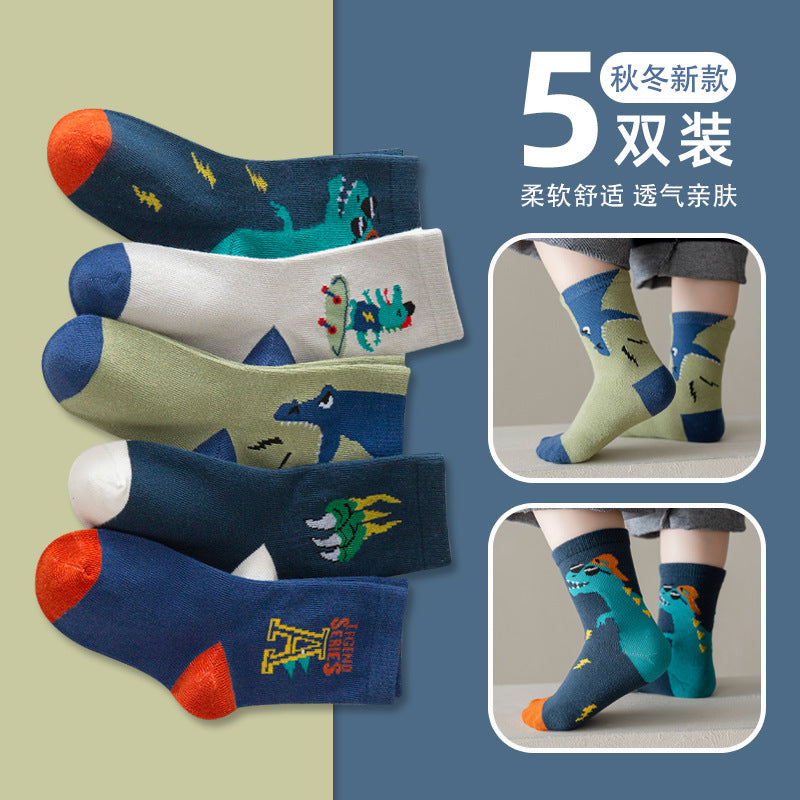 Wholesale Children's Autumn and Winter Mid-tube Cartoon Dinosaur Combed Cotton Trendy Socks
