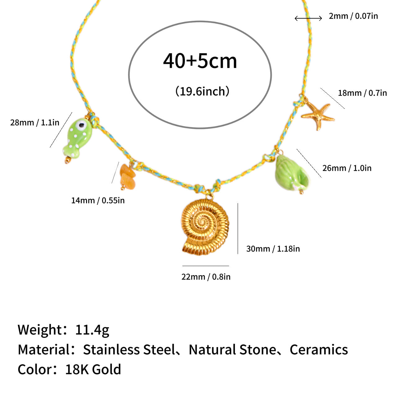 Wholesale Ocean Series Natural Stone Pendant Colorful Braided Necklace Titanium Steel Pendant