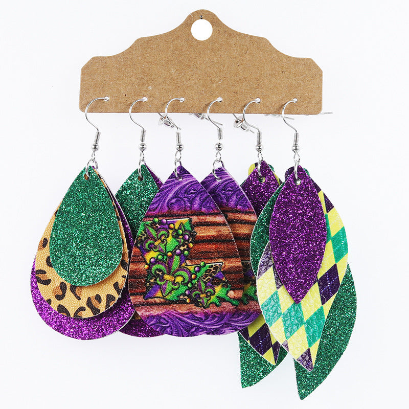 Wholesale explosions Carnival earrings multi-layer sequins water droplets leopard leather earrings set earrings spot