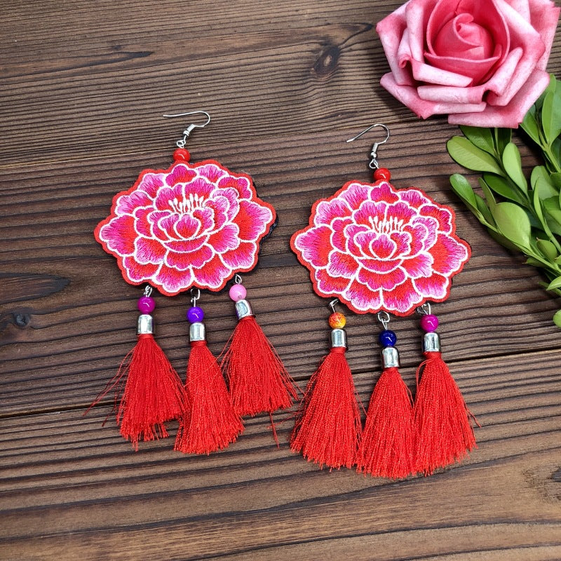 Wholesale Embroidered vintage fabric flower tassel earrings