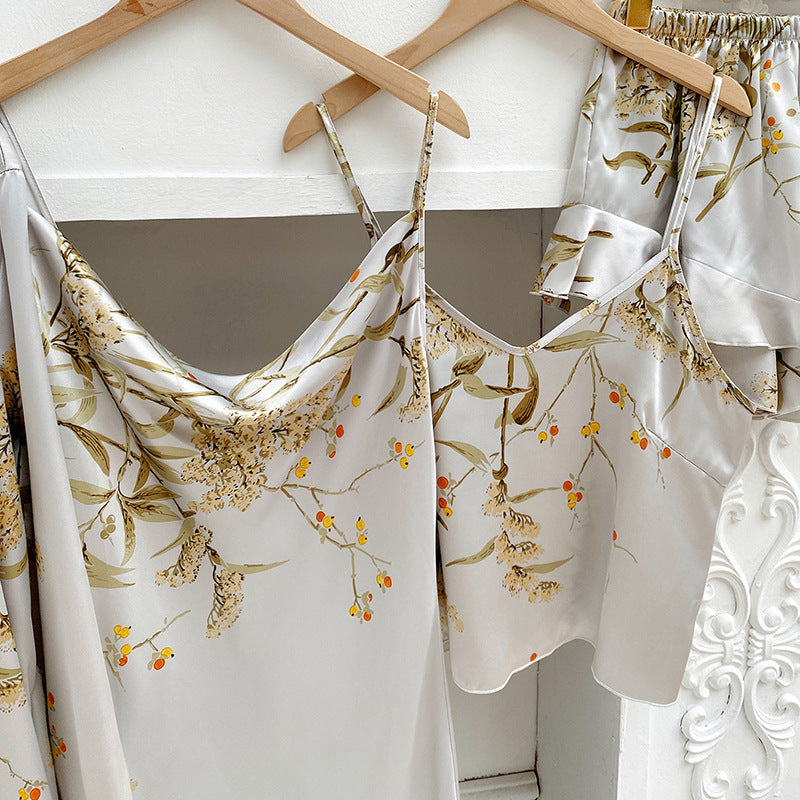 Wholesale  Homewear Set Sleepwear Thin Robe Strap Shorts Skirt Suit Floral Print Cherry Blossom Pajamas