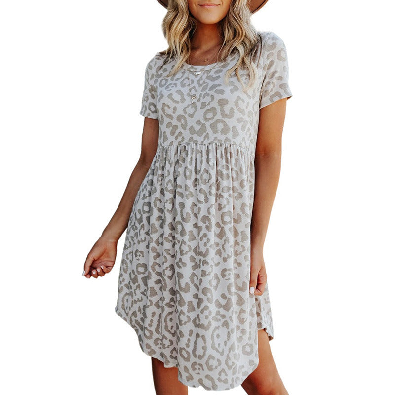Wholesale Short Sleeve Leopard Print Round Neck Waist Skirt