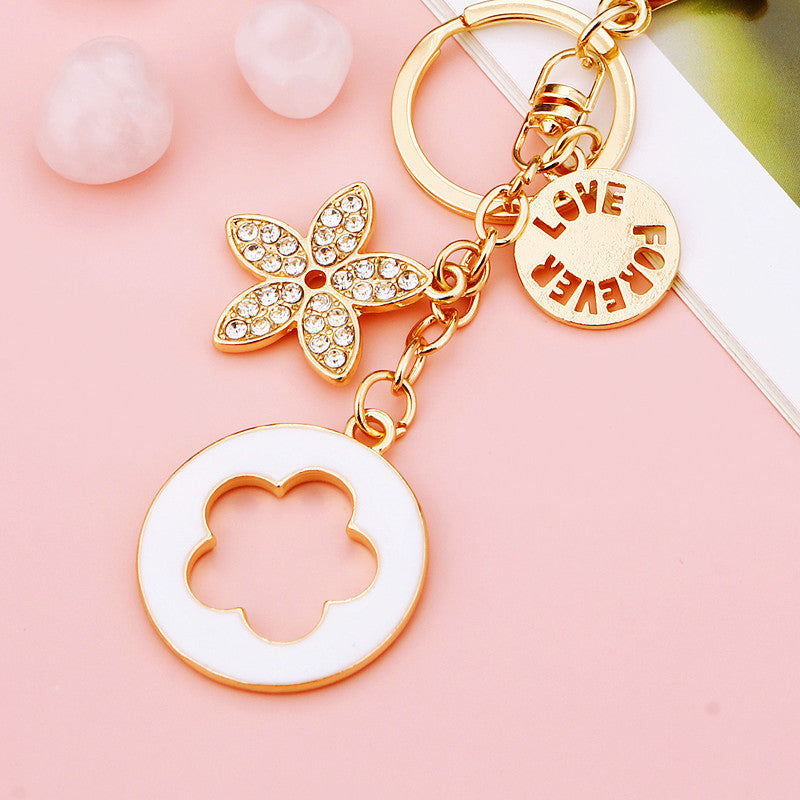 Wholesale Pink Four Leaf Clover Love Lock Keychain Rhinestone Inlaid Metal Car Key Ring Fashion Accessory Gift