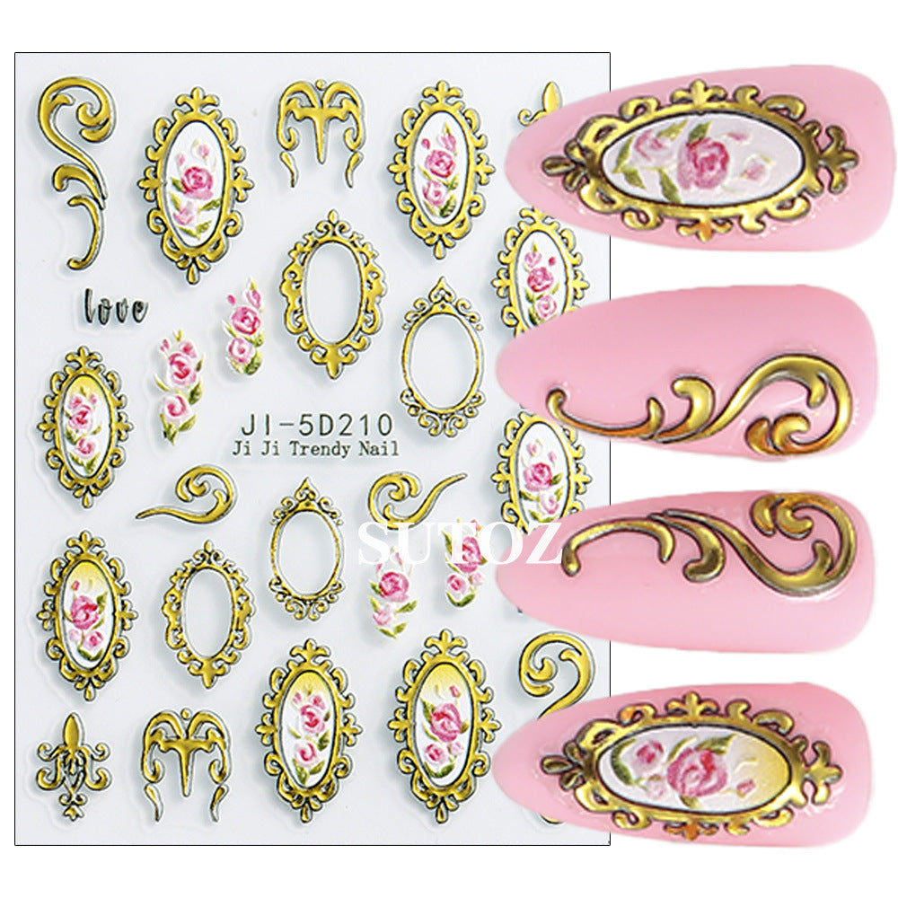Wholesale 3pcs/pack 5D Nail Art Stickers Baroque Retro Embossed 3D Mirror Clock Nail Decals