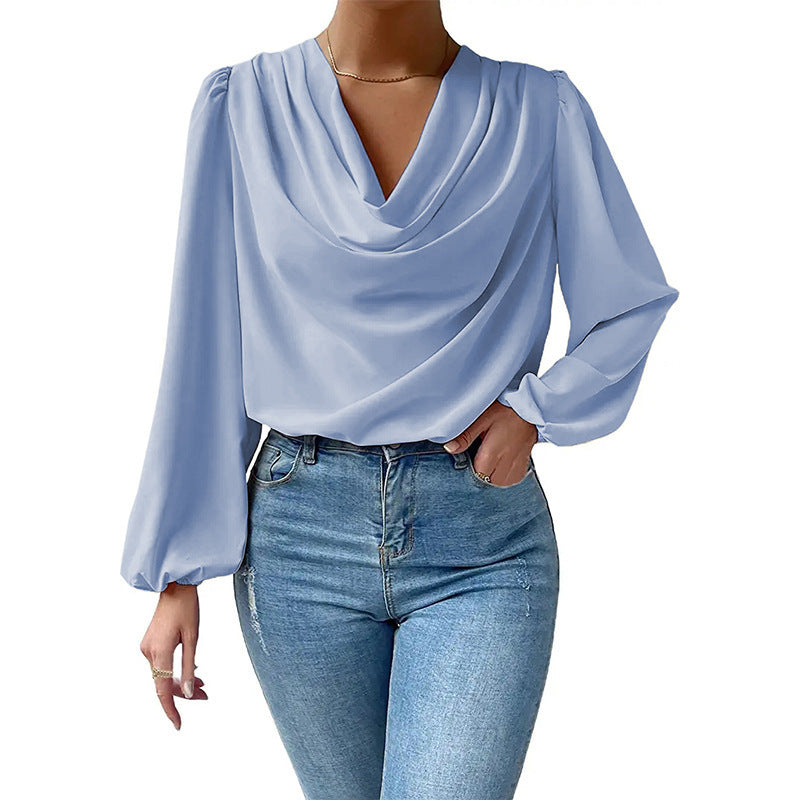 Wholesale chiffon long sleeve shirt loose draped v-neck top T-shirt women's clothing