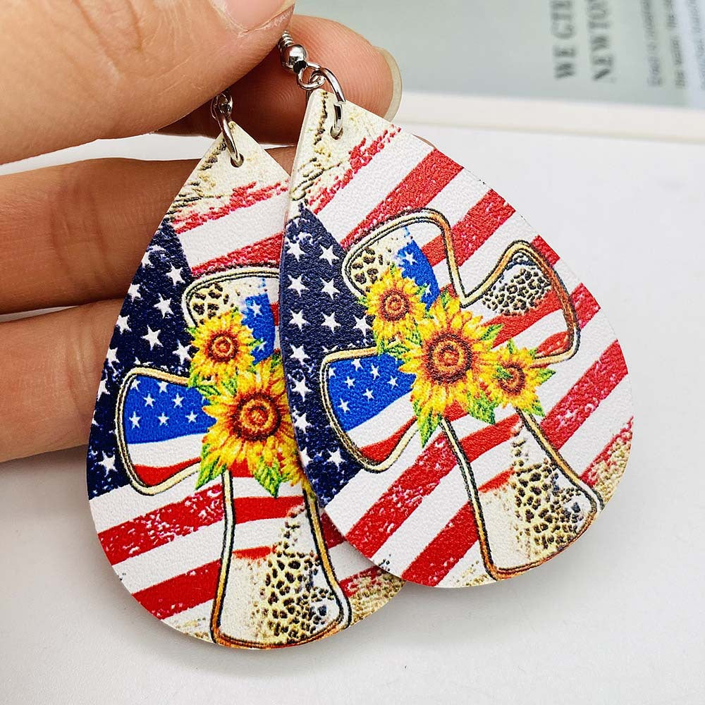 Wholesale American Independence Day Sunflower Cross Football Leather Earrings