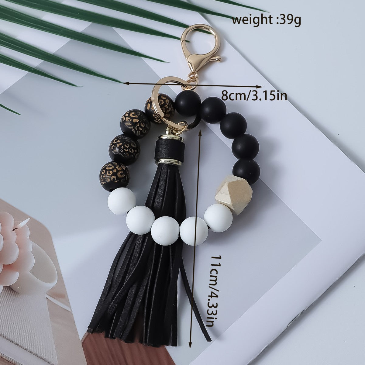 Wholesale Printed wooden bead bracelet with tassel wrist keychain