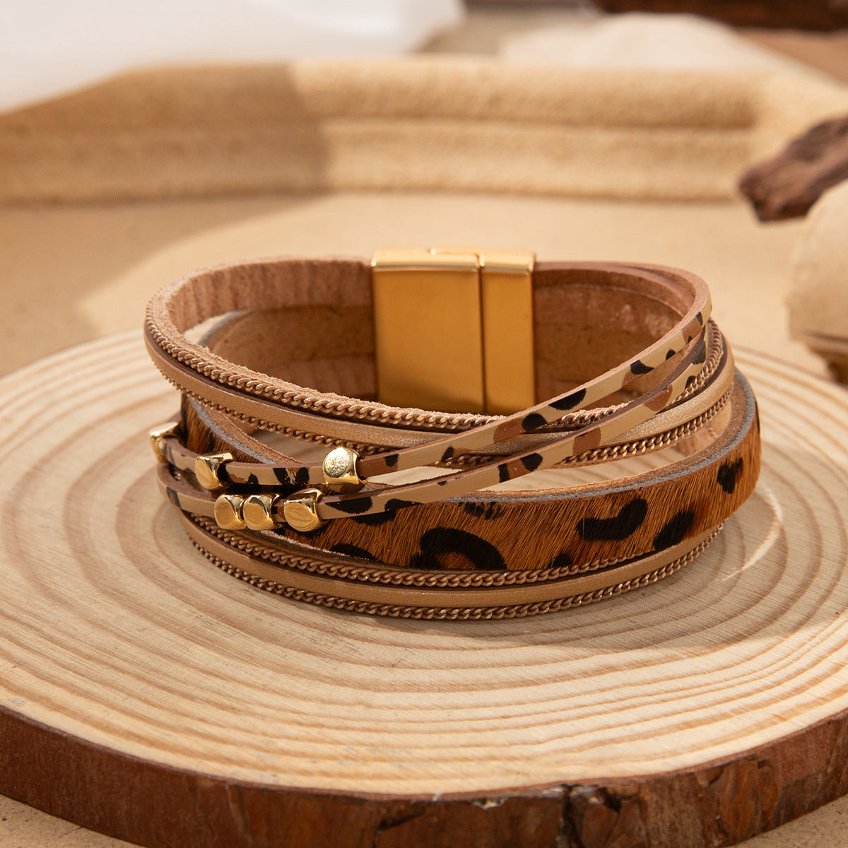 Wholesale Leopard print fur magnetic buckle Layered Bracelet Set