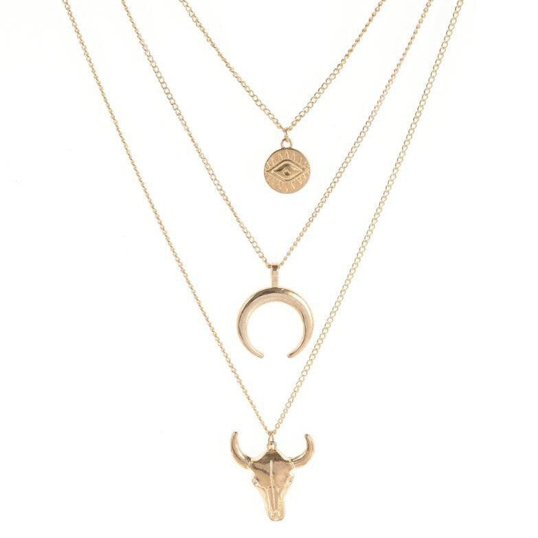 Wholesale Alloy Bull Head Geometric Disc Eyes Bull Horn Multi-Layer Necklace