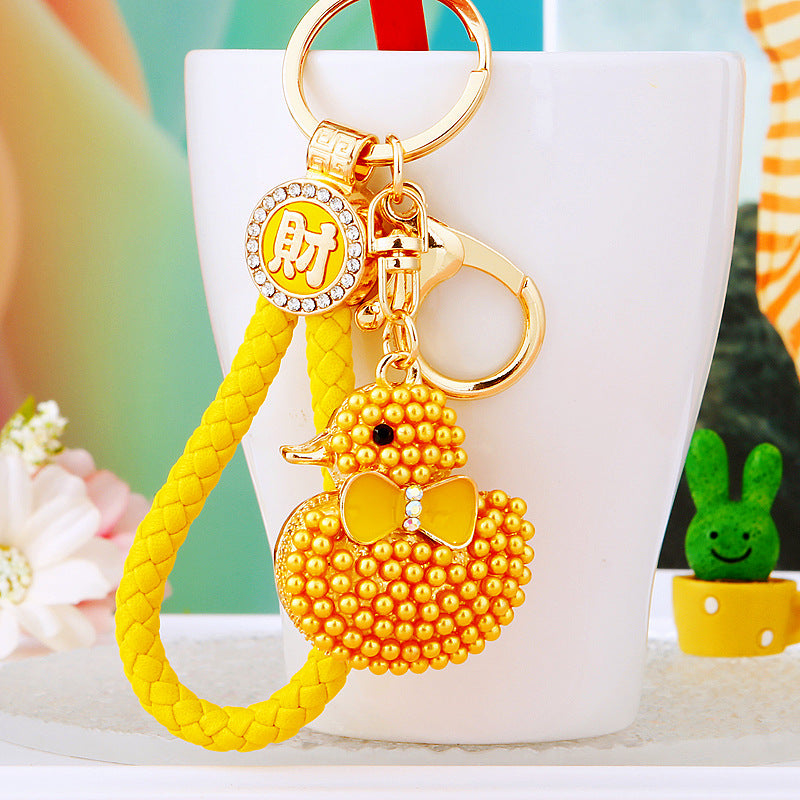 Wholesale Cute Crystal Studded Little Yellow Duck Car Keychain Bag Charm For Women Boutique Resale Decorative Accessory