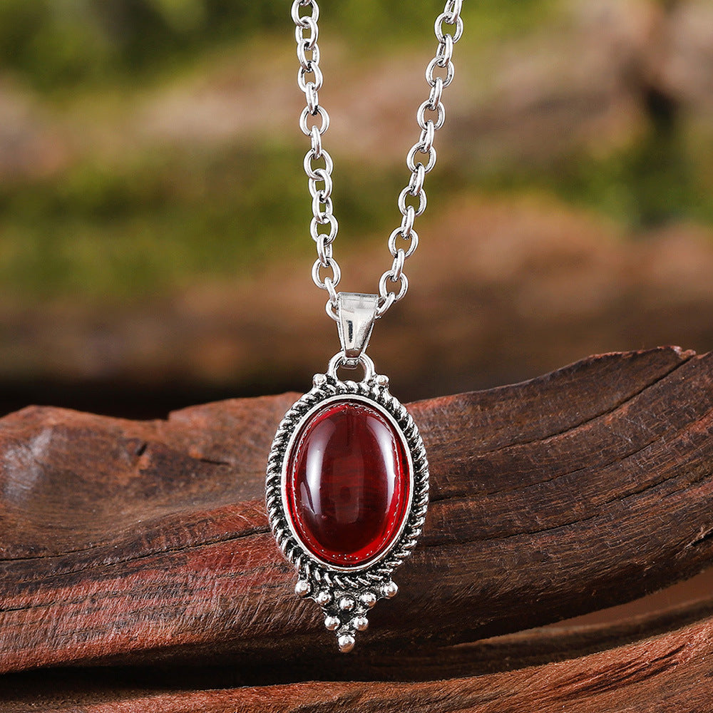 Wholesale Vintage Exquisite Cameo Inlaid Ruby Oval Glass Pendant Fashion Earrings Necklace Set