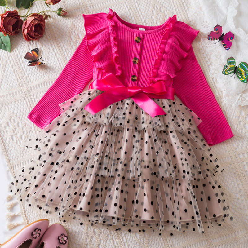 Wholesale Autumn and Winter Long Sleeved Bow Polka Dot Mesh Baby Clothes