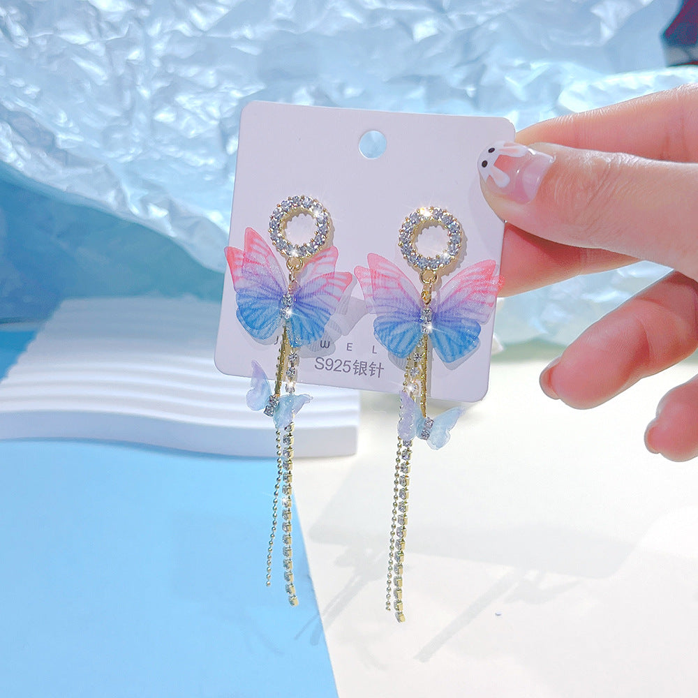 Wholesale Colored Organza Tassels Butterfly Micro-paved Rhinestone Long Earrings