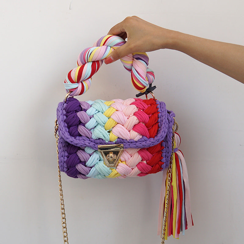 Wholesale Handmade Polyester Woven Handbags with Colored Chain Strips and Diagonal Cross Shaped Handbags