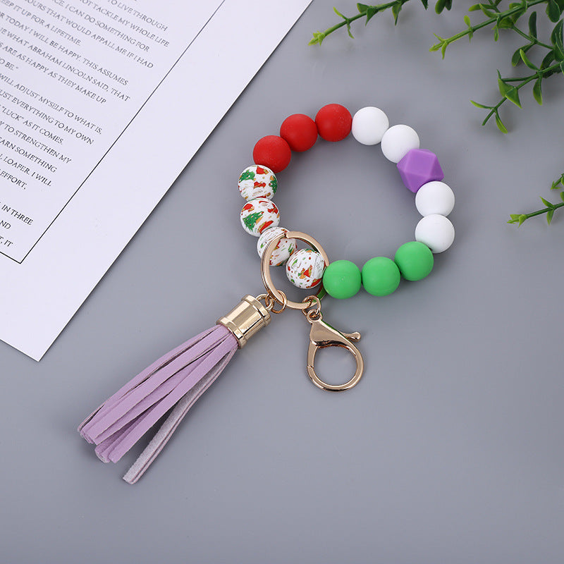 Wholesale Christmas New Silicone Beads PU Tassel Wooden Beads Bracelet Keychain