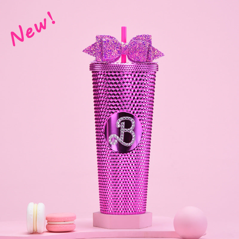 Wholesale Double-layer Plastic 710ml Large Capacity Straw Cup with Glitter Bow Tie Hand Cup Durian Cup
