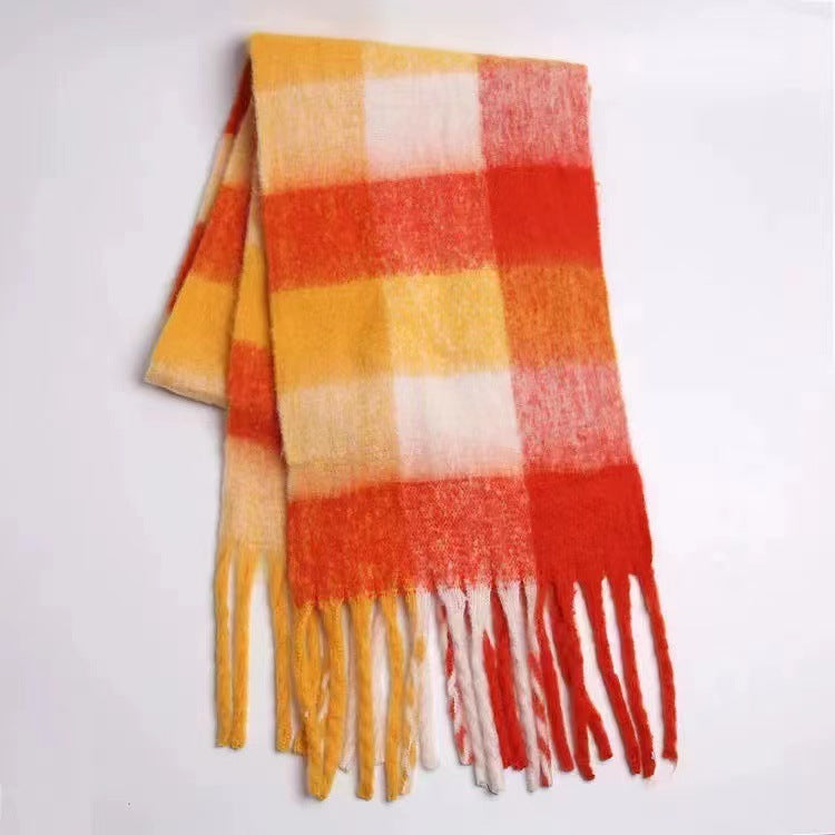 Wholesale Winter Ac Double Sided Rainbow Plaid Long Color Block Tassel Polyester Scarf