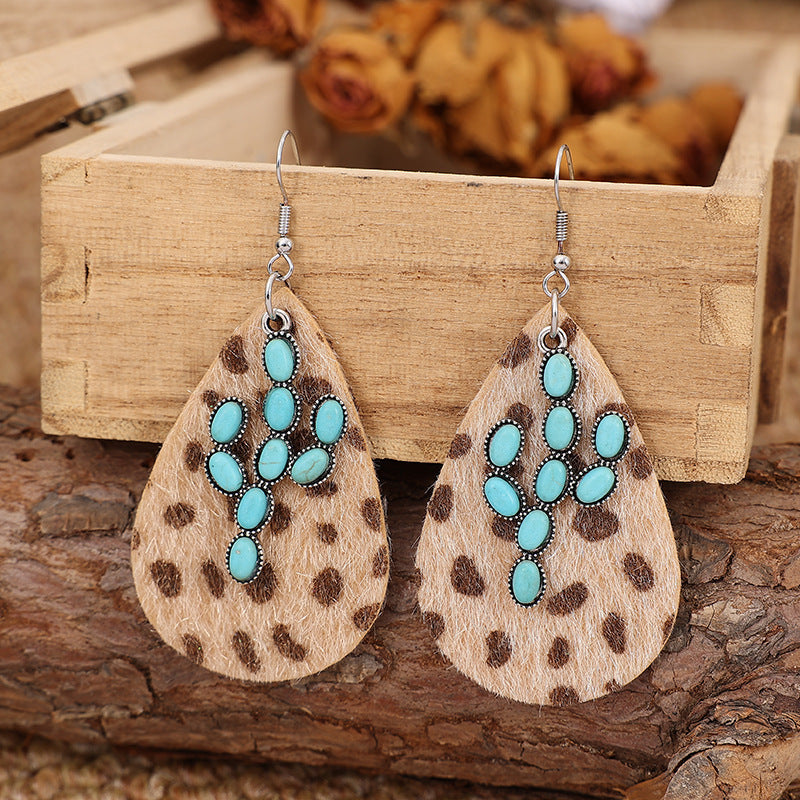 Wholesale Exaggerated Cactus Turquoise Western Cowboy Horse Hair Leopard Earrings