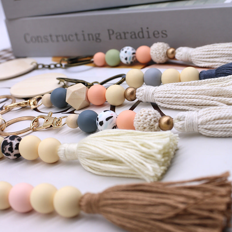 Wholesale Round Wood Chips Strung Tassel Keychain