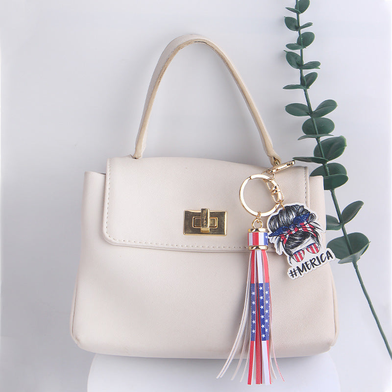 Wholesale American Independence Day Wooden Sign Tassel Keychain