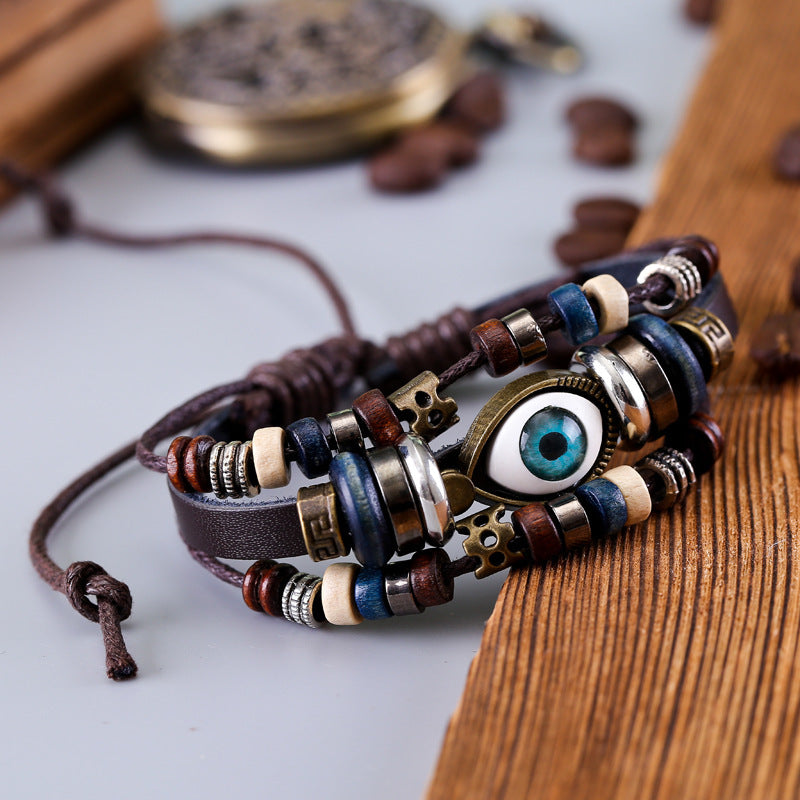 Wholesale Vintage Multi-layered Cowhide Eye Braided Bracelet