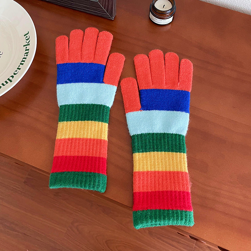 Wholesale Rainbow Stripe Knitted Wool Open Finger Touchable Screen Riding Warm Split Finger Gloves