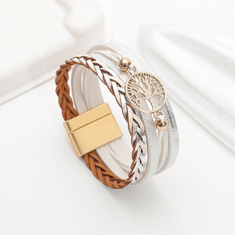 Wholesale Bohemian multi-layered leather hand-woven diamond magnetic clasp bracelet