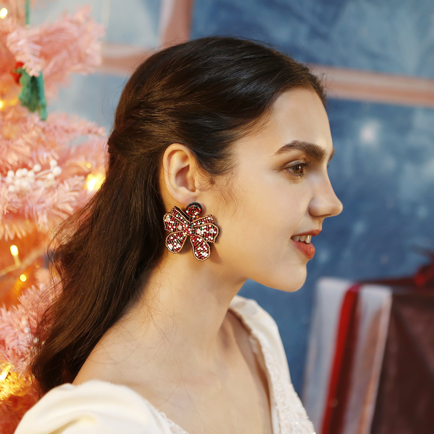 Wholesale Boho Bow Earrings Christmas Hand Woven Rice Beads Earrings