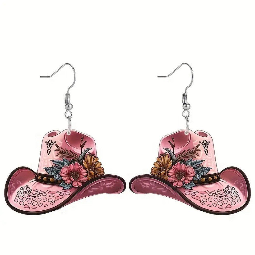 Wholesale Western Cowboy Hat Horseshoe Flower Pendant Earrings Bohemian Acrylic Double Sided Earrings Fashion Party Gift