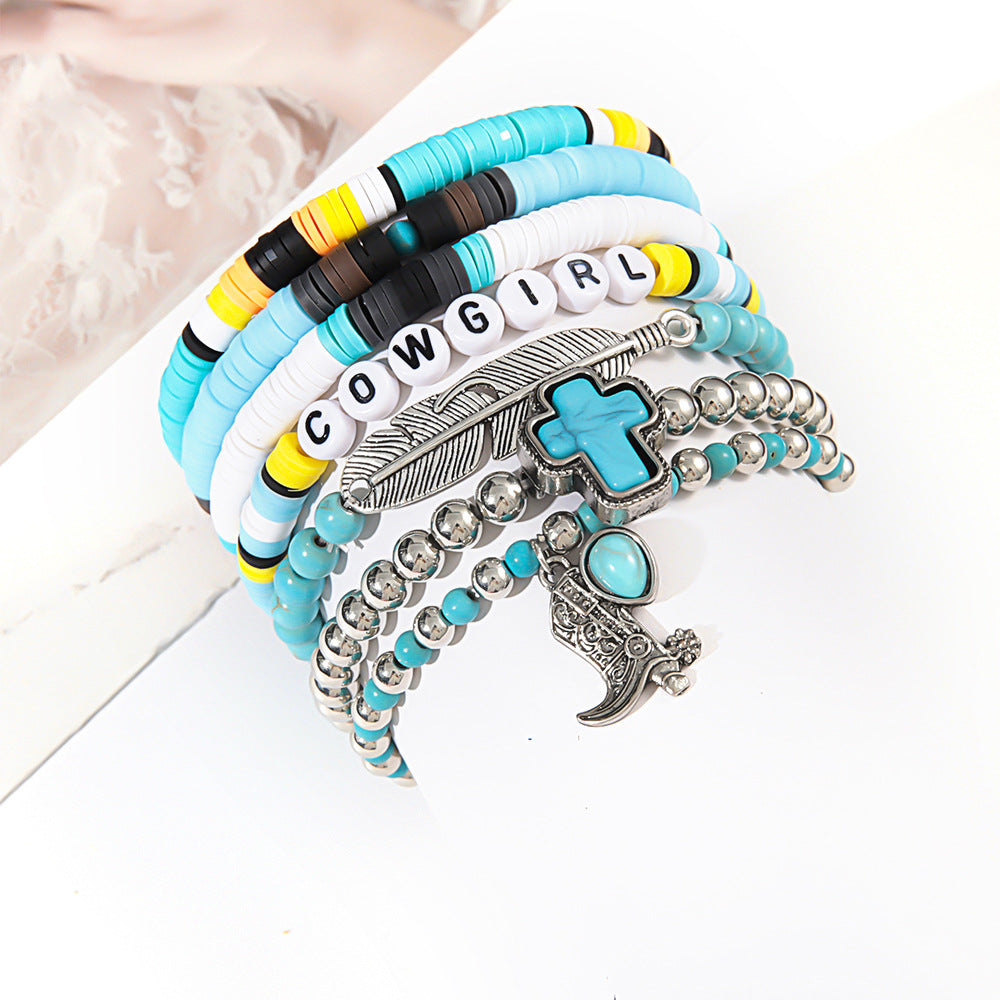 Wholesale Personalized Bull Head Turquoise Beaded Elastic Bracelet Set