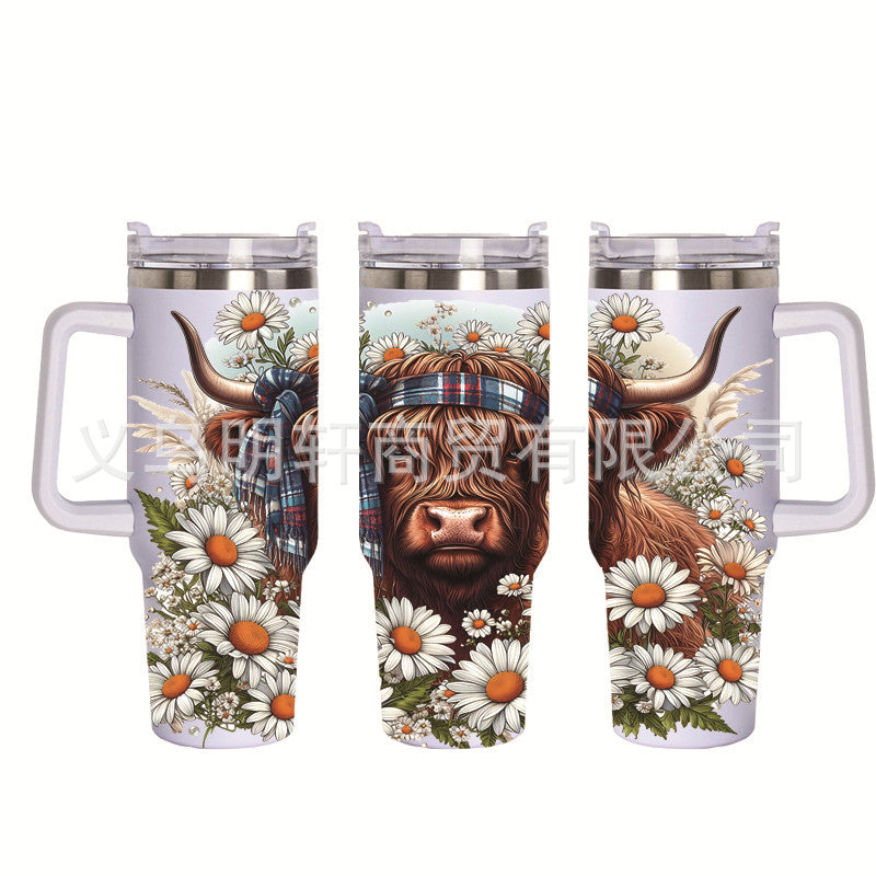 Wholesale Tumbler 40OZ Bull Head 3D Sunflower Car Cup Stainless Steel Straw Tumbler Ice Cup
