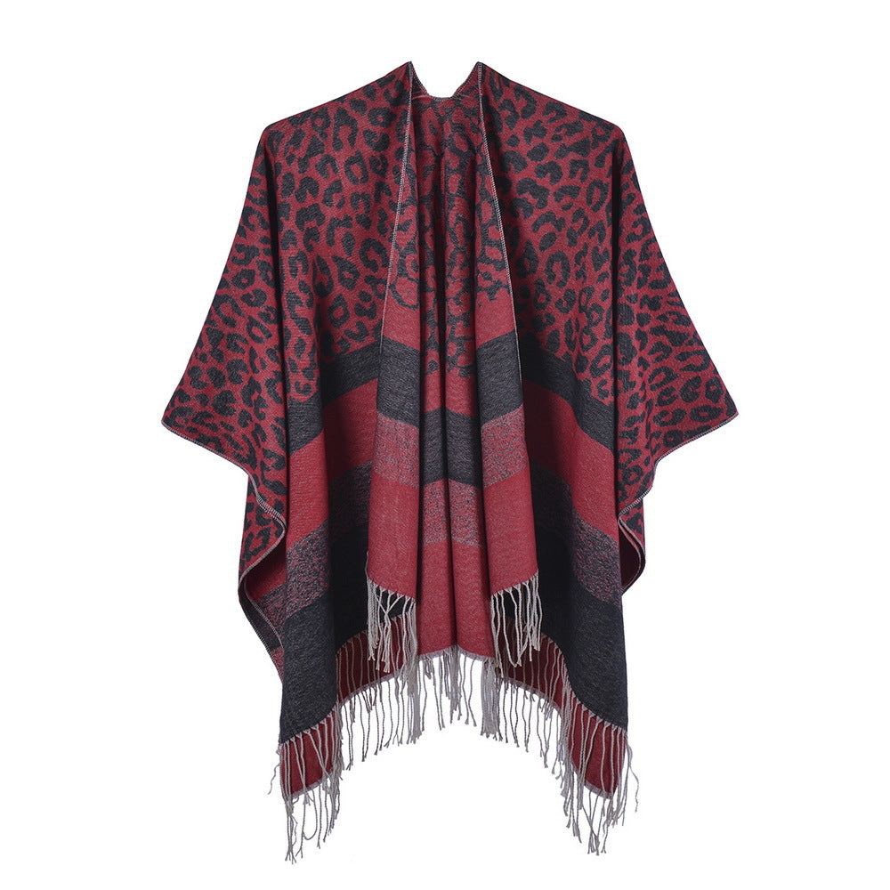 Wholesale Winter Leopard Print Tassel Imitation Cashmere Split Cape