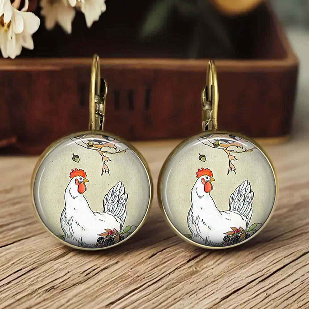 Wholesale 5pcs Vintage Fox Cat Chicken Time Stone Cute Animal Earrings
