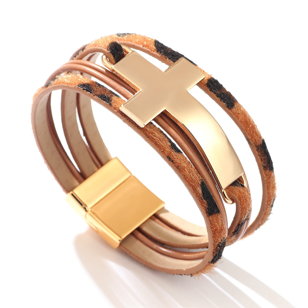 Wholesale Layered leather wide cross bracelet with magnetic clasp