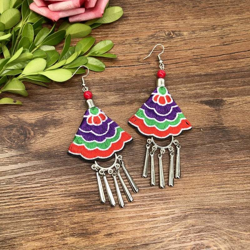 Wholesale Embroidered vintage fabric flower tassel earrings
