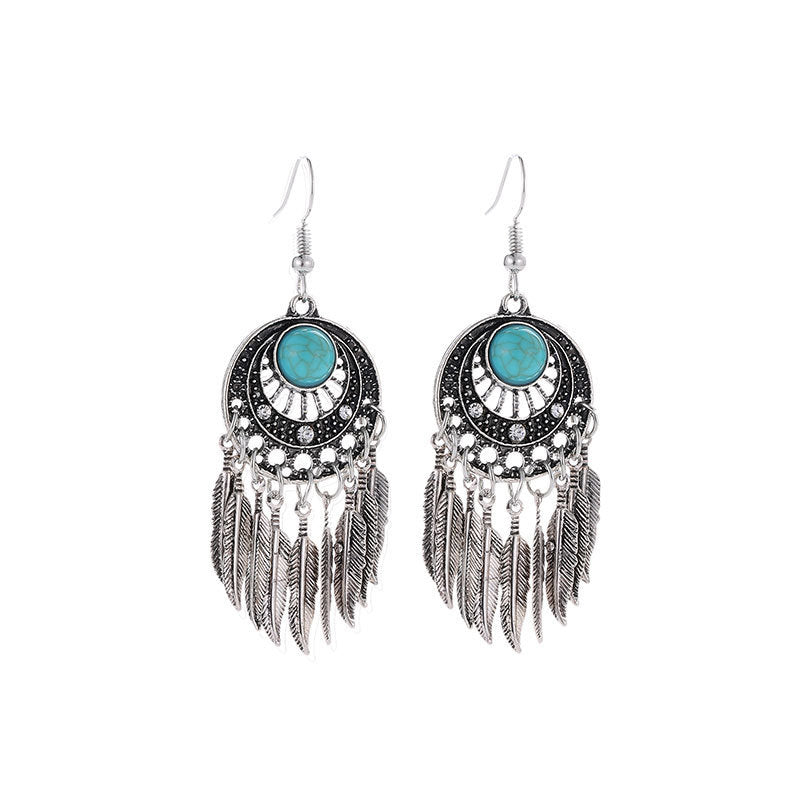 Wholesale Leaf Metal Dream Catcher Feather Tassel Alloy Earrings