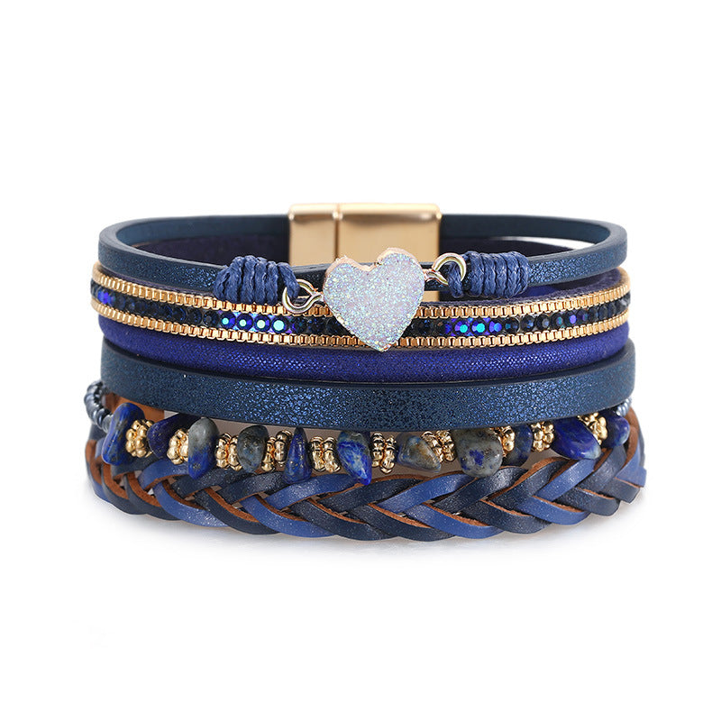 Wholesale Love Retro Hand-woven Leather Multi-layer Diamond-encrusted Ethnic Style Gravel Bracelet