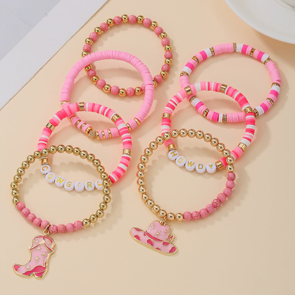 Wholesale Western Cowboy Pink Letter Beaded Soft Ceramic Stacked Bracelet