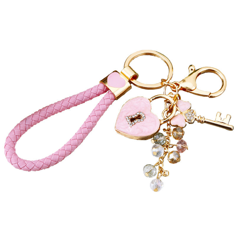 Wholesale Pink Four Leaf Clover Love Lock Keychain Rhinestone Inlaid Metal Car Key Ring Fashion Accessory Gift