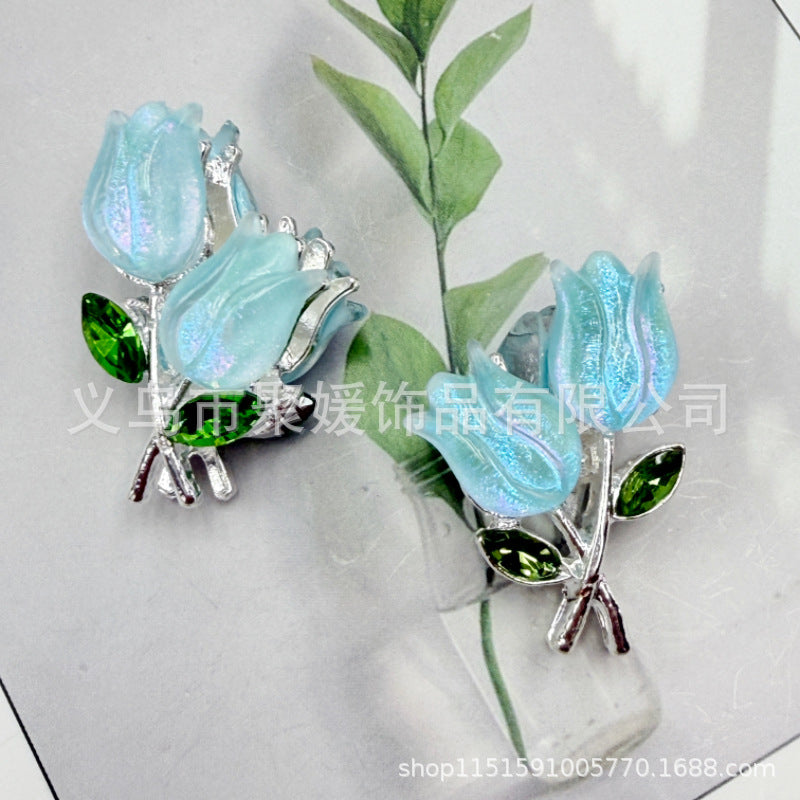 Wholesale 20pcs double-sided tulip flower color plated diamond four hole beads