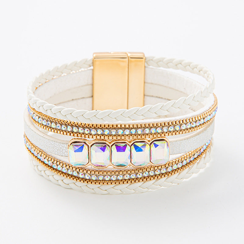 Wholesale Bohemian Rhinestone Multi-Layered Hand-Woven Leather Bracelet